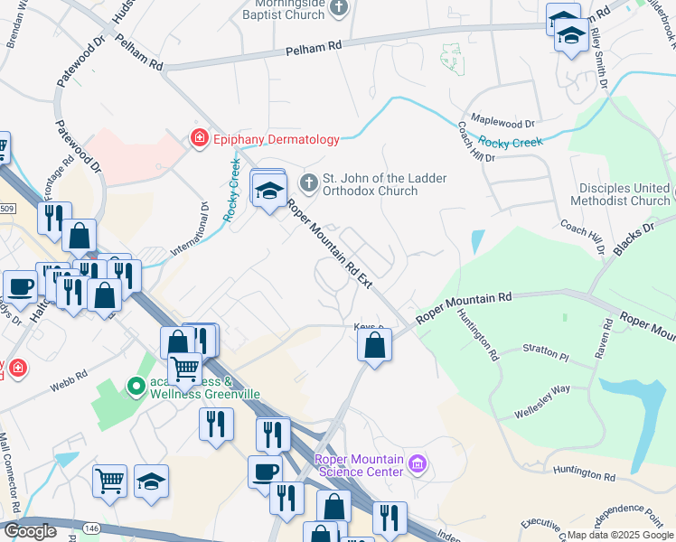 map of restaurants, bars, coffee shops, grocery stores, and more near 4 Windthistle Drive in Greenville