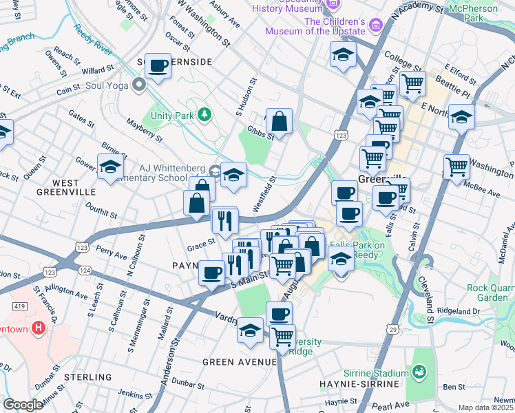 map of restaurants, bars, coffee shops, grocery stores, and more near 213 Birnie Street in Greenville