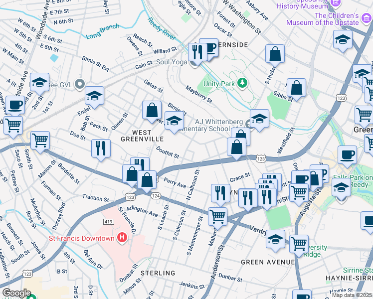 map of restaurants, bars, coffee shops, grocery stores, and more near 200 North Leach Street in Greenville