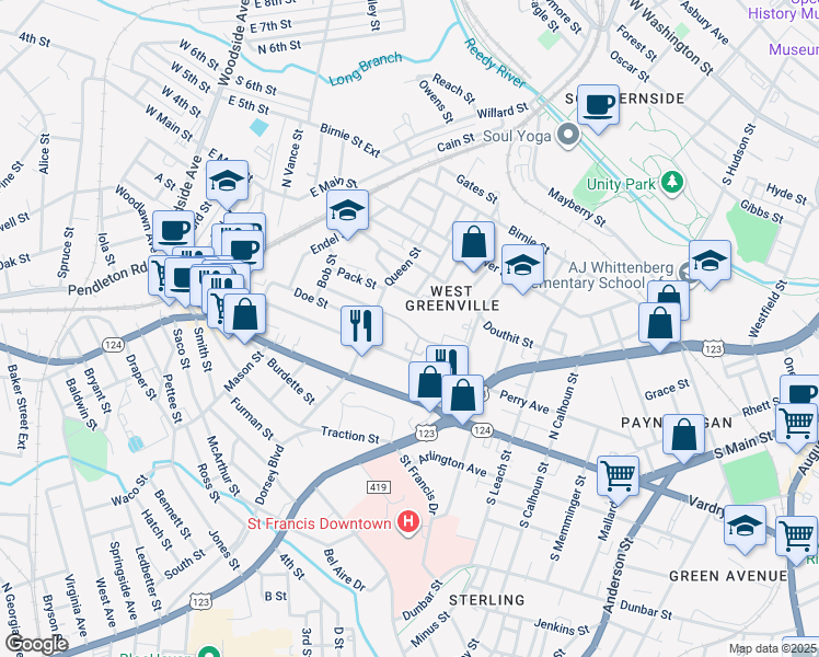 map of restaurants, bars, coffee shops, grocery stores, and more near 436 Perry Avenue in Greenville