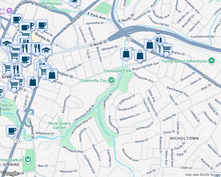 map of restaurants, bars, coffee shops, grocery stores, and more near 150 Cleveland Park Drive in Greenville