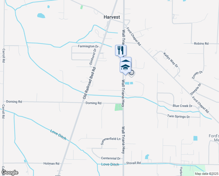 map of restaurants, bars, coffee shops, grocery stores, and more near 213 Blue Sage Drive in Harvest