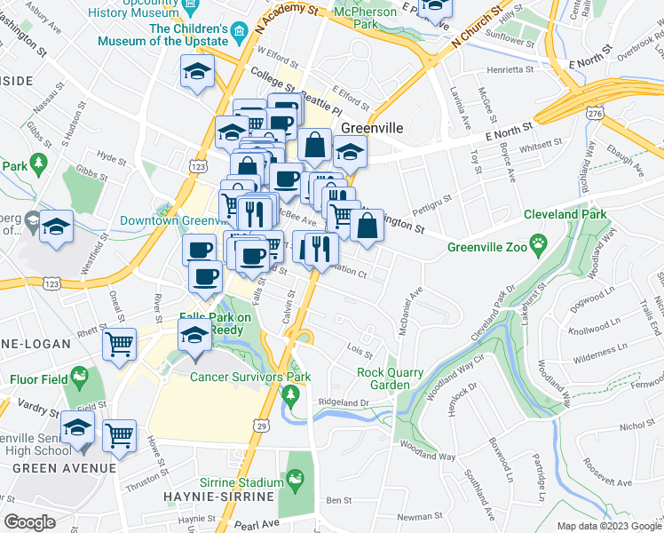 map of restaurants, bars, coffee shops, grocery stores, and more near 33 Station Court in Greenville