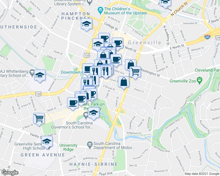 map of restaurants, bars, coffee shops, grocery stores, and more near E Broad St & Falls St in Greenville