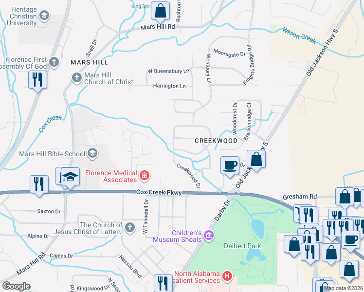 map of restaurants, bars, coffee shops, grocery stores, and more near 110 Creekwood Circle in Florence