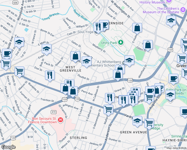 map of restaurants, bars, coffee shops, grocery stores, and more near 200 North Leach Street in Greenville