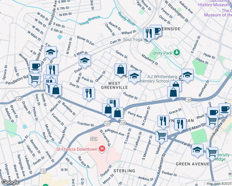 map of restaurants, bars, coffee shops, grocery stores, and more near 8 Manning Street in Greenville