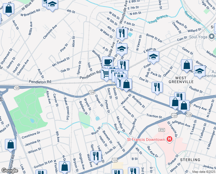 map of restaurants, bars, coffee shops, grocery stores, and more near 3 Kitson Street in Greenville