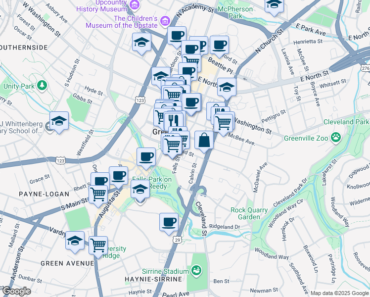 map of restaurants, bars, coffee shops, grocery stores, and more near 110 East Court Street in Greenville