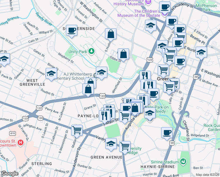 map of restaurants, bars, coffee shops, grocery stores, and more near 420 Westfield Street in Greenville