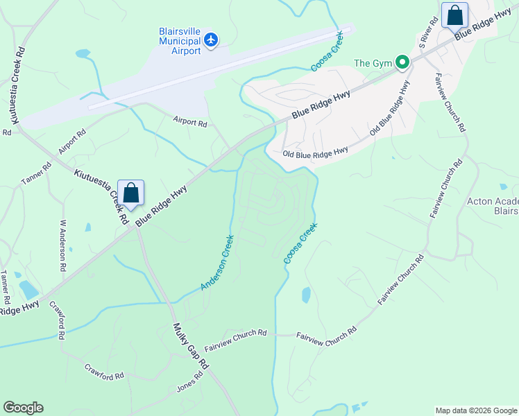map of restaurants, bars, coffee shops, grocery stores, and more near 607 Misty Valley Road in Blairsville