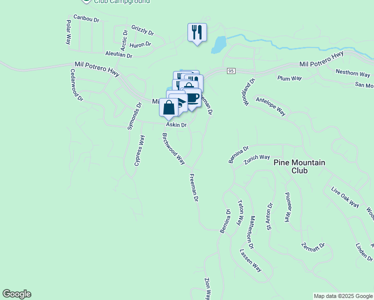 map of restaurants, bars, coffee shops, grocery stores, and more near 2221 Maplewood Way in Pine Mountain Club
