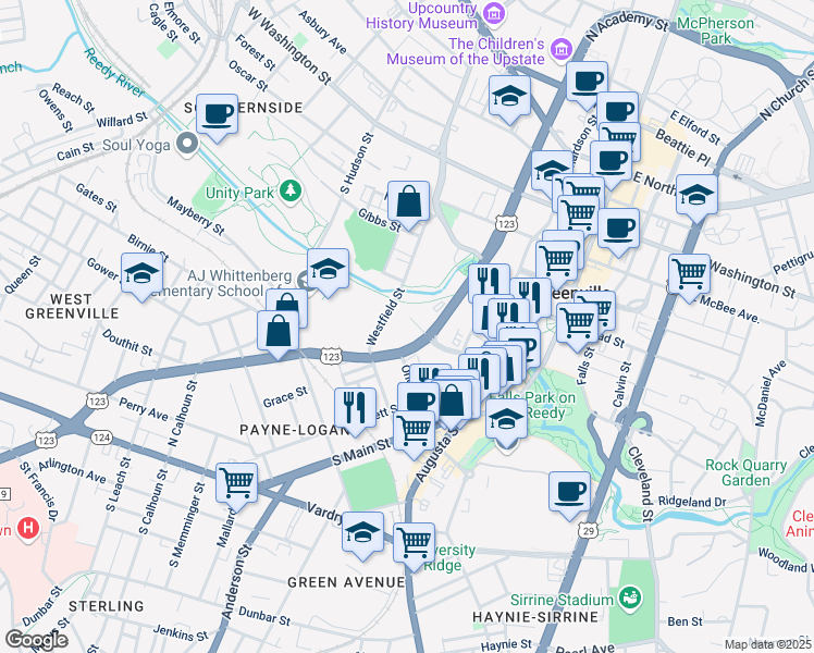 map of restaurants, bars, coffee shops, grocery stores, and more near 411 Westfield Street in Greenville