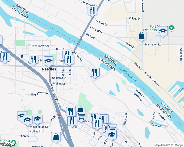 map of restaurants, bars, coffee shops, grocery stores, and more near 110 Marina Drive in Needles