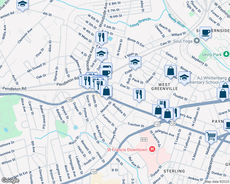 map of restaurants, bars, coffee shops, grocery stores, and more near 539 Perry Avenue in Greenville