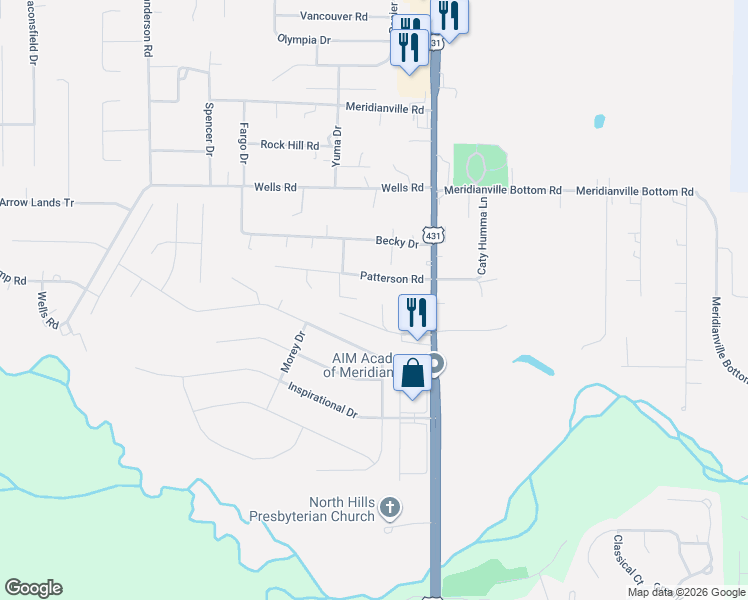 map of restaurants, bars, coffee shops, grocery stores, and more near 156 Patterson Road in Meridianville