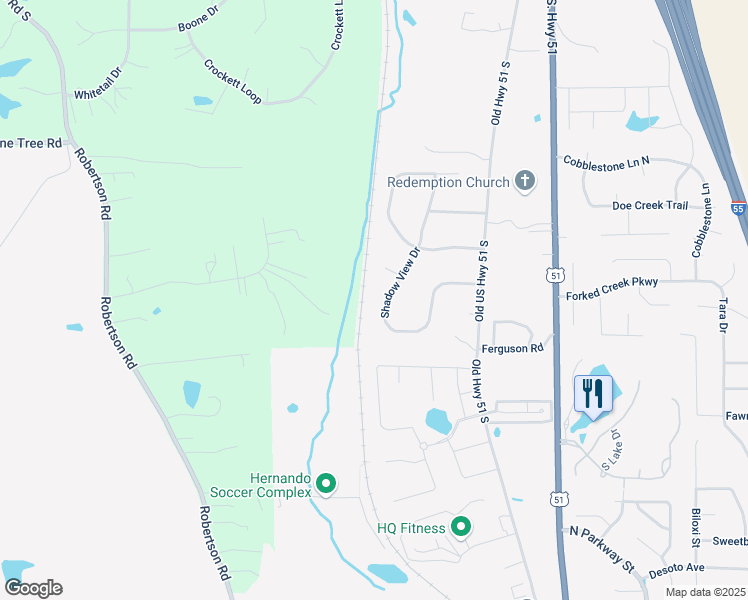map of restaurants, bars, coffee shops, grocery stores, and more near 735 Shadow View Cove in Hernando