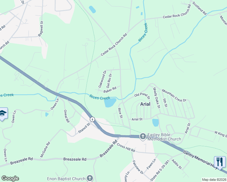 map of restaurants, bars, coffee shops, grocery stores, and more near 104 Baker Road in Easley
