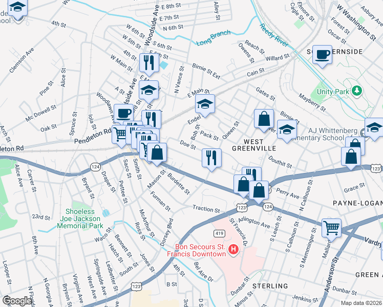map of restaurants, bars, coffee shops, grocery stores, and more near 31 Doe Street in Greenville