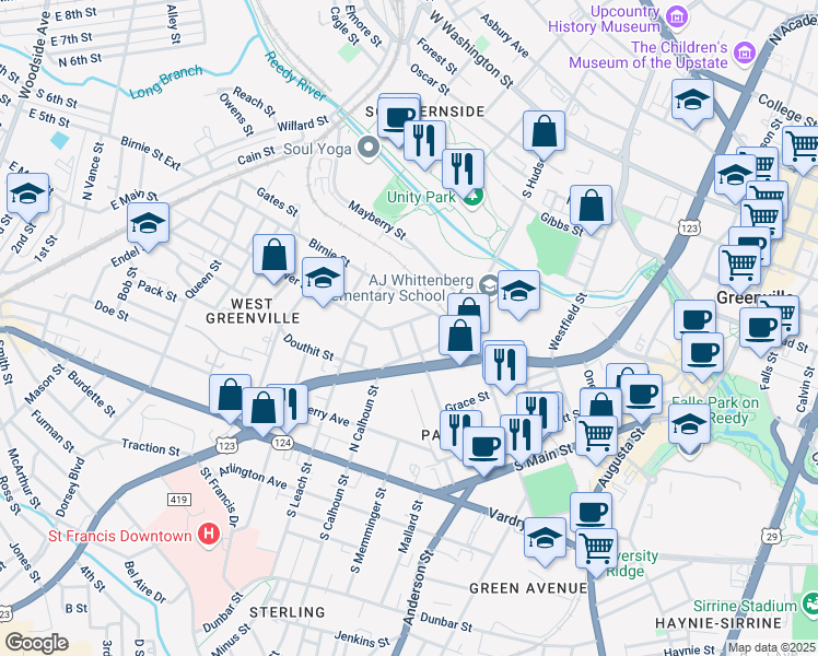 map of restaurants, bars, coffee shops, grocery stores, and more near 301 Birnie Street in Greenville