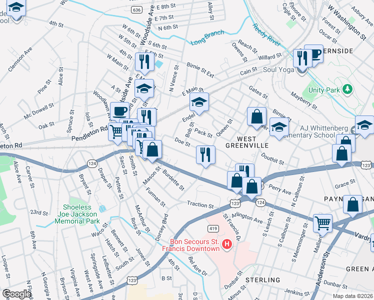 map of restaurants, bars, coffee shops, grocery stores, and more near 31 Doe Street in Greenville