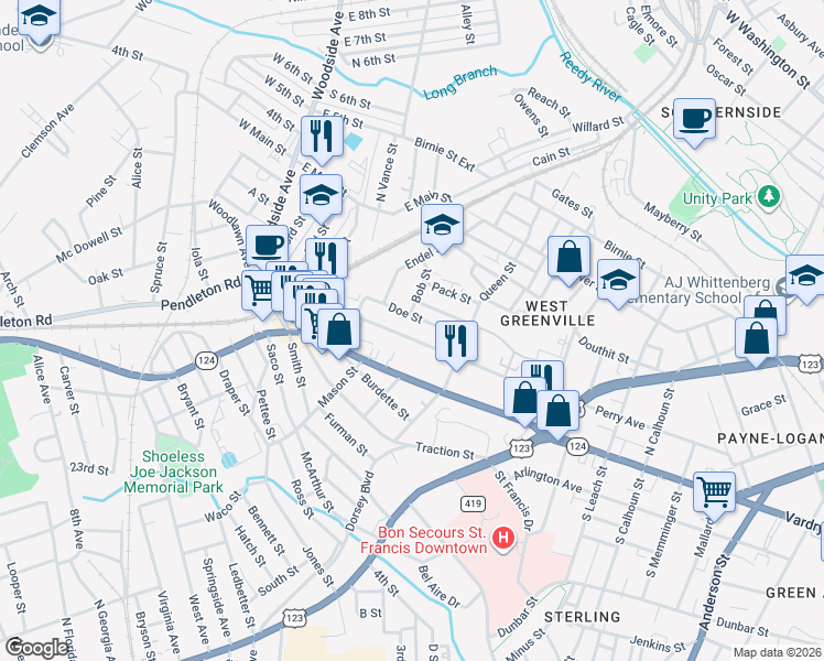 map of restaurants, bars, coffee shops, grocery stores, and more near 31 Doe Street in Greenville