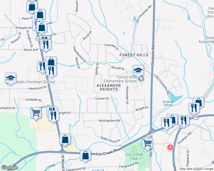 map of restaurants, bars, coffee shops, grocery stores, and more near 165 Patsy Drive in Florence