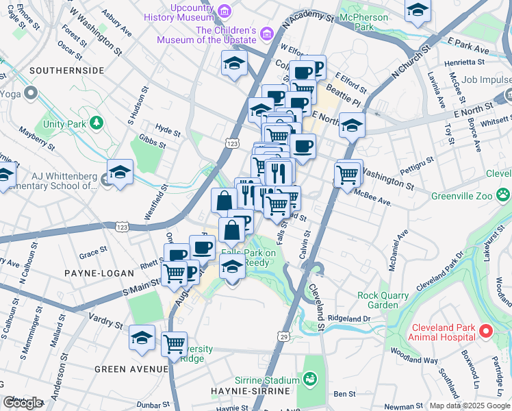map of restaurants, bars, coffee shops, grocery stores, and more near 300 South Main Street in Greenville