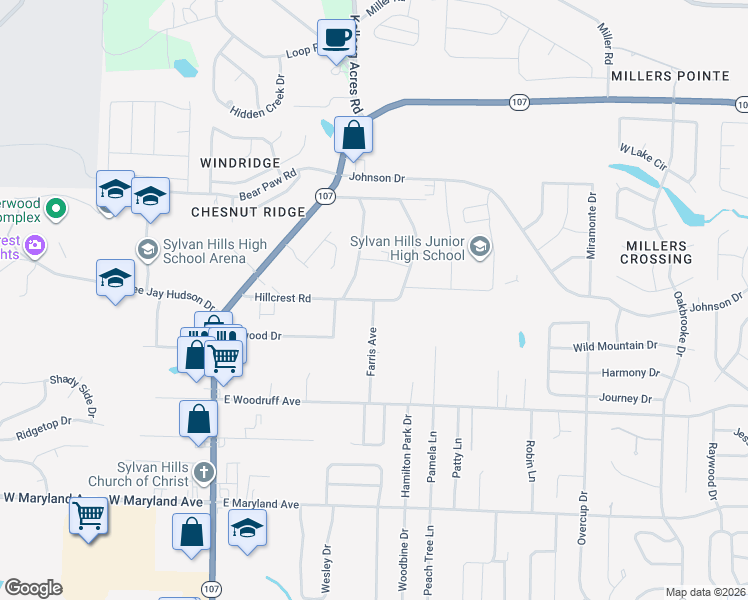 map of restaurants, bars, coffee shops, grocery stores, and more near 701 Hillcrest Road in Sherwood