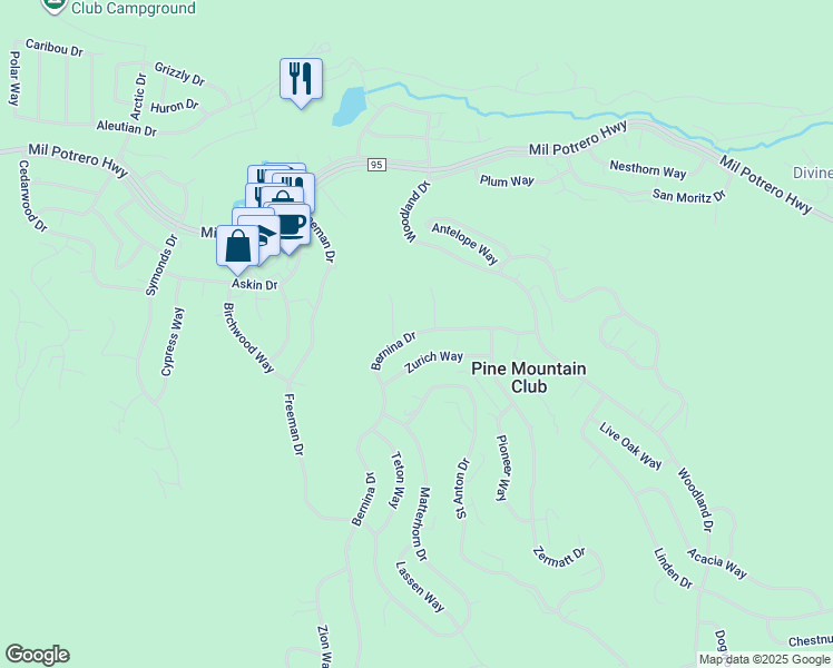 map of restaurants, bars, coffee shops, grocery stores, and more near 2208 Bernina Drive in Pine Mountain Club