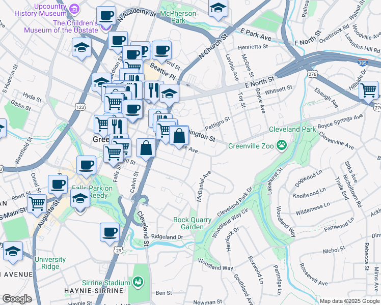 map of restaurants, bars, coffee shops, grocery stores, and more near 550 East McBee Avenue in Greenville