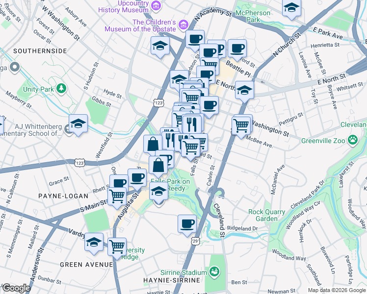 map of restaurants, bars, coffee shops, grocery stores, and more near S Main St & W Broad St in Greenville
