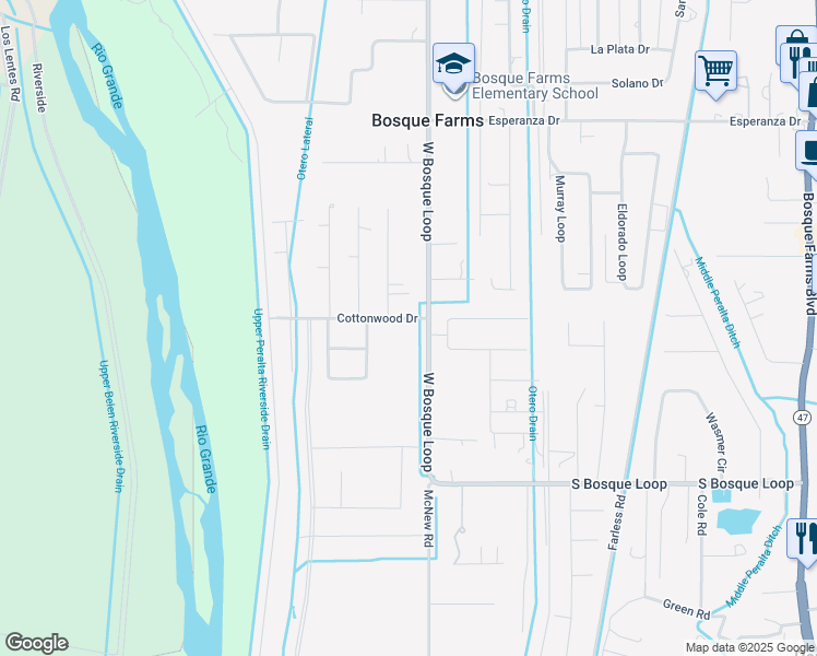 map of restaurants, bars, coffee shops, grocery stores, and more near 1150 Cottonwood Drive in Bosque Farms