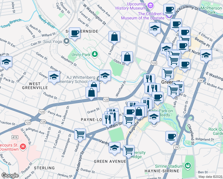 map of restaurants, bars, coffee shops, grocery stores, and more near 420 Westfield Street in Greenville