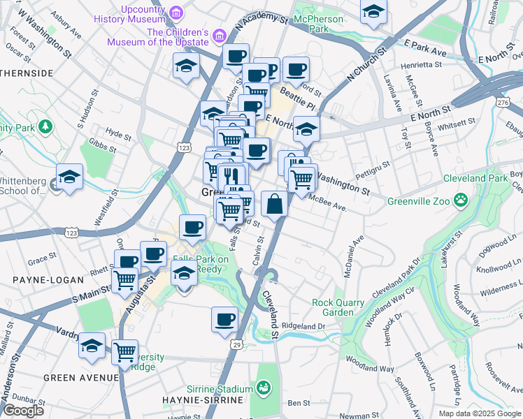 map of restaurants, bars, coffee shops, grocery stores, and more near 110 East Court Street in Greenville