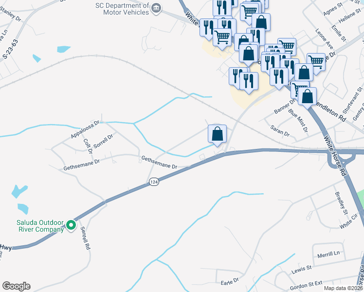 map of restaurants, bars, coffee shops, grocery stores, and more near 27 Old Bramlett Road in Greenville