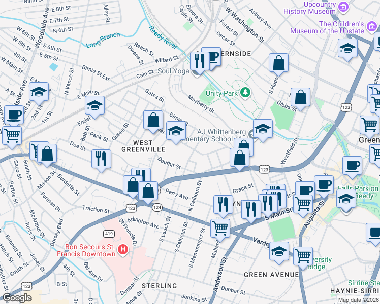 map of restaurants, bars, coffee shops, grocery stores, and more near 217 North Leach Street in Greenville