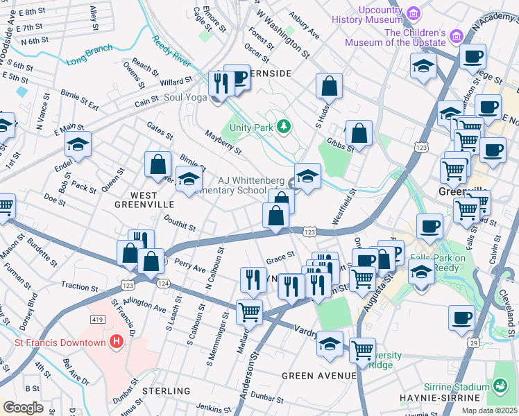 map of restaurants, bars, coffee shops, grocery stores, and more near 213 Birnie Street in Greenville