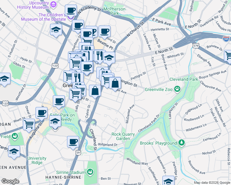 map of restaurants, bars, coffee shops, grocery stores, and more near 601 East McBee Avenue in Greenville