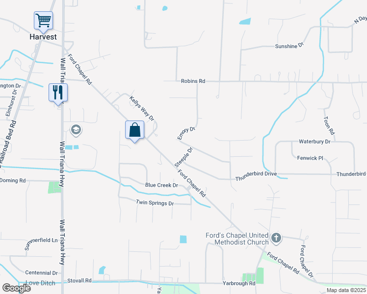 map of restaurants, bars, coffee shops, grocery stores, and more near 124 Emory Drive in Harvest