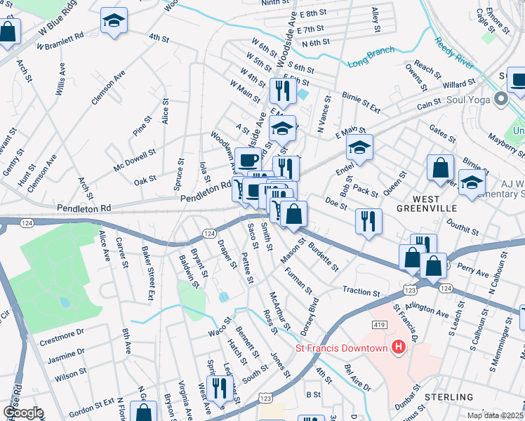 map of restaurants, bars, coffee shops, grocery stores, and more near 575 Perry Avenue in Greenville