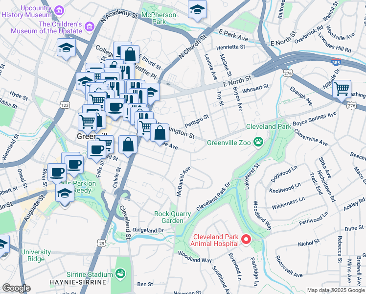 map of restaurants, bars, coffee shops, grocery stores, and more near 621 East McBee Avenue in Greenville