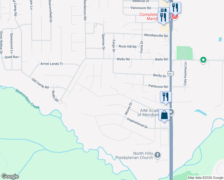 map of restaurants, bars, coffee shops, grocery stores, and more near 106 Prairie Knoll Circle in Meridianville