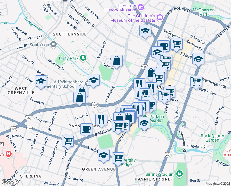 map of restaurants, bars, coffee shops, grocery stores, and more near 411 Westfield Street in Greenville