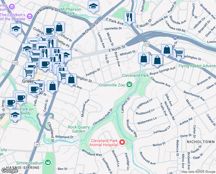 map of restaurants, bars, coffee shops, grocery stores, and more near 828 East Washington Street in Greenville