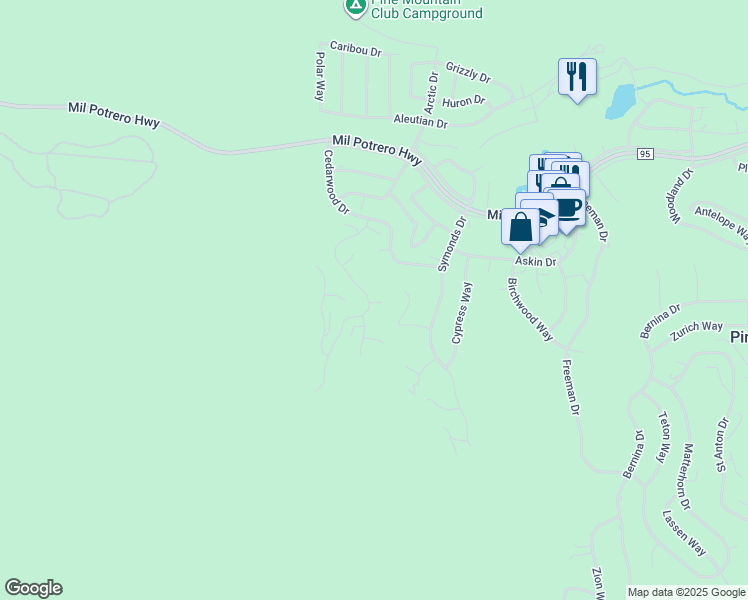 map of restaurants, bars, coffee shops, grocery stores, and more near 2224 Ironwood Drive in Pine Mountain Club