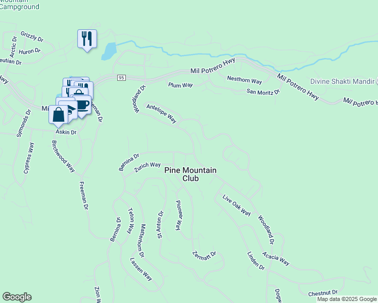 map of restaurants, bars, coffee shops, grocery stores, and more near 2221 Woodland Drive in Frazier Park