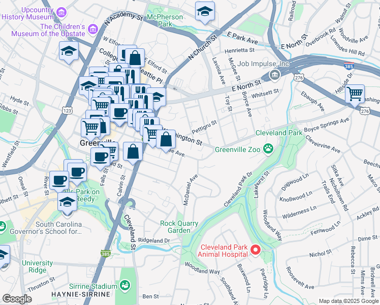 map of restaurants, bars, coffee shops, grocery stores, and more near 621 East McBee Avenue in Greenville