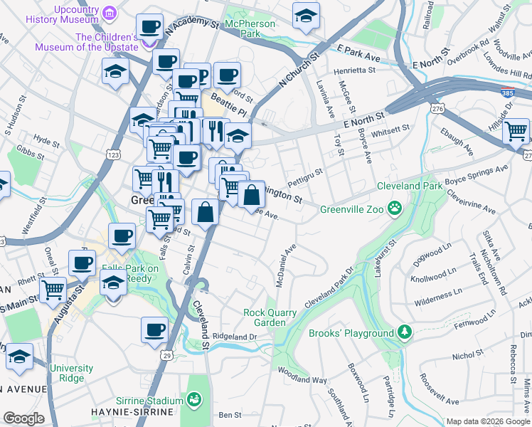 map of restaurants, bars, coffee shops, grocery stores, and more near 550 East McBee Avenue in Greenville