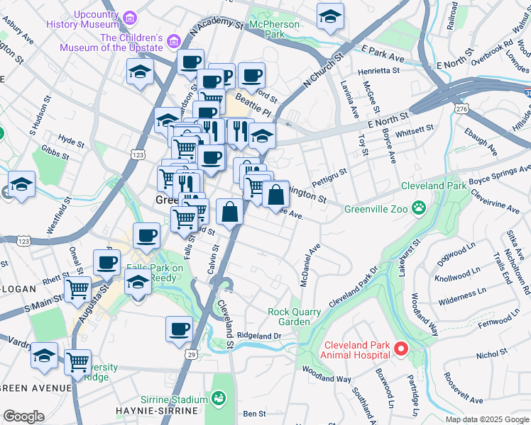 map of restaurants, bars, coffee shops, grocery stores, and more near 456 East McBee Avenue in Greenville